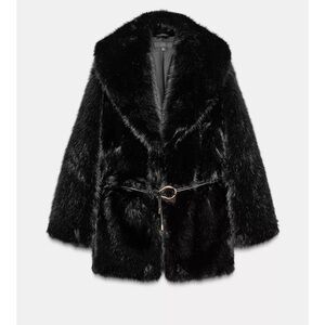 Zara Black faux fur belted coat